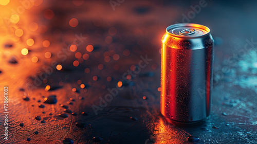 Tin bottle of energy drink in red neon light, side view