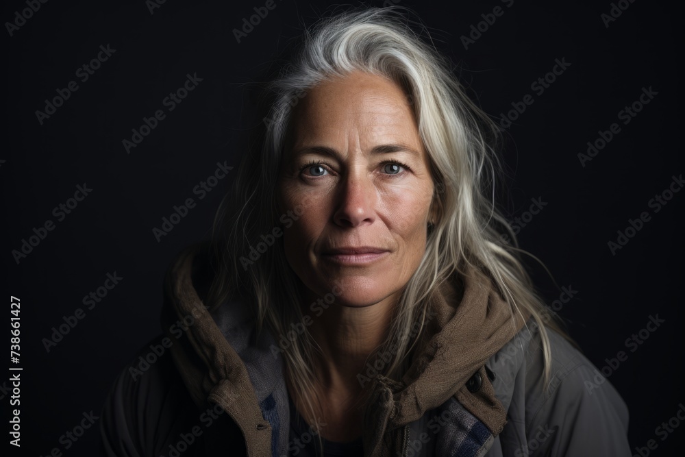 Portrait of middle-aged woman on a dark background. Studio shot.