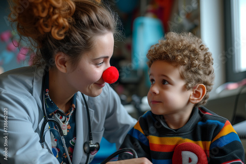 A young female doctor with a red nose that looks like a clown listens to a little boy. photo