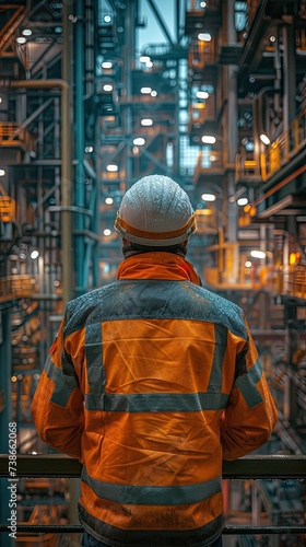 Man in Orange Jacket Looking at Factory