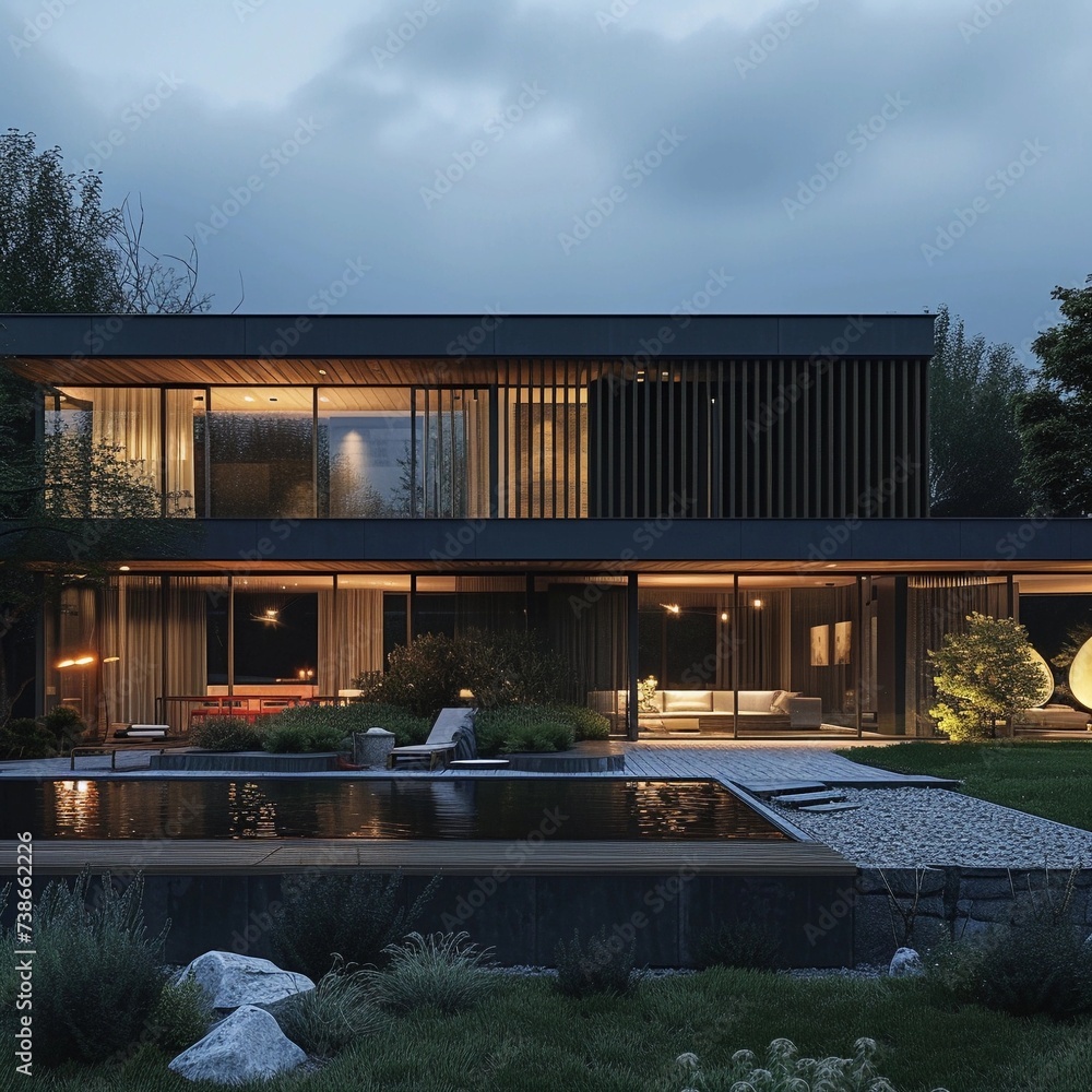 Smart Home Facade with Evening Ambience Smart Home Facade with Evening Ambience