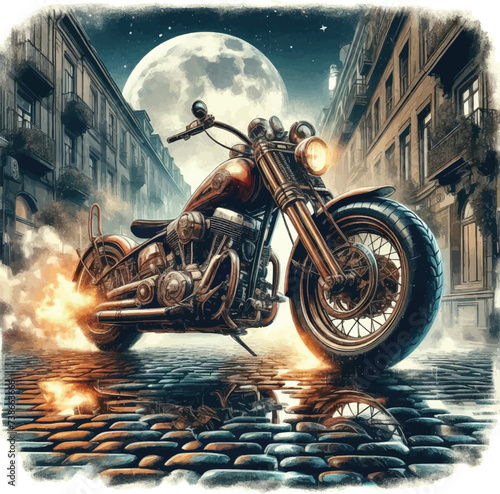 Chopperbike parked on cobbled city road with steam from exhaust