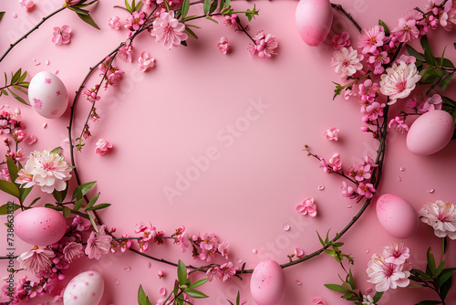 round blank frame on pastel pink background with Easter eggs and spring flowers