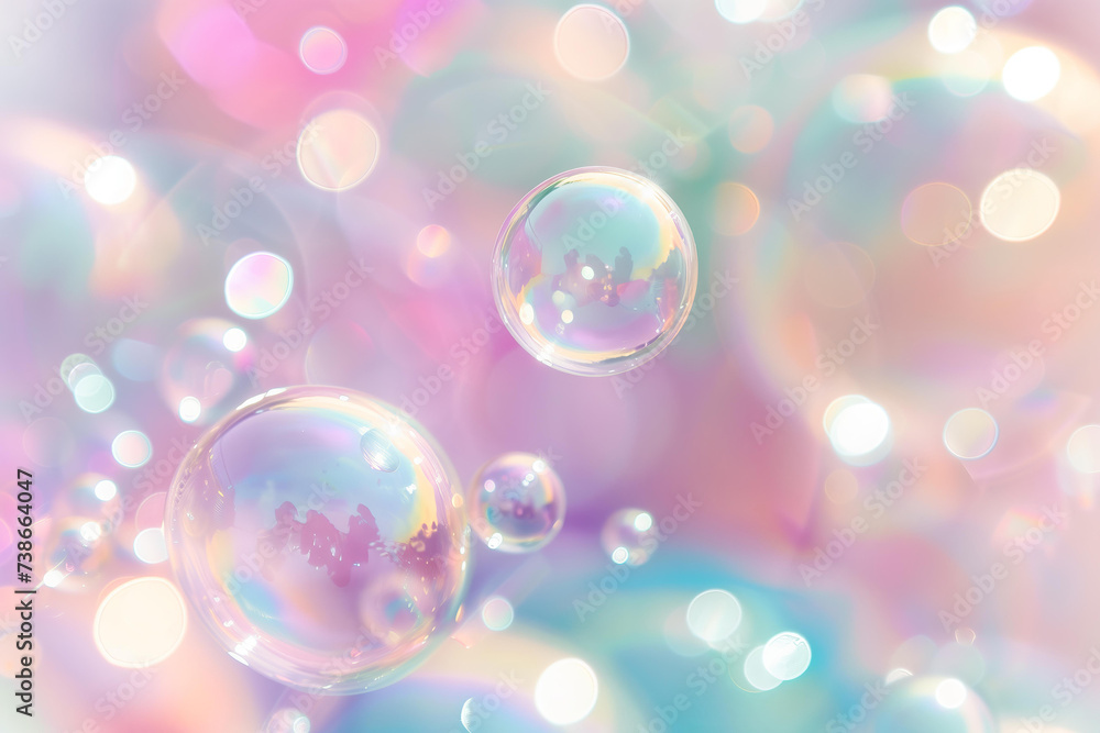 
translucent soap bubbles on pastel holographic light background