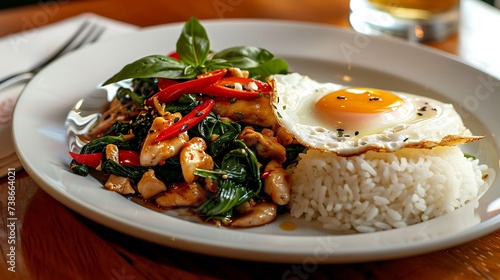 Thai pad kra pao stir-fried basil chicken with chili peppers, garlic, and fish sauce, served with jasmine rice and a fried egg