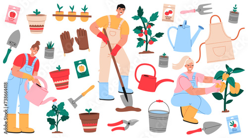 Spring gardening collection. Young people working in the garden. Gardening tools and plants. Flat vector illustrations isolated on white background.