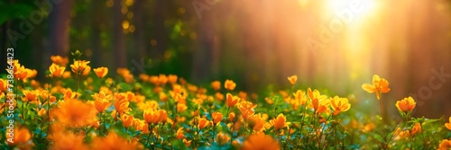 Spring meadow with warm light, field of flowers. #738664423