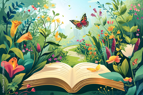 Flowers and butterflies encircle an open book in a lush garden setting photo