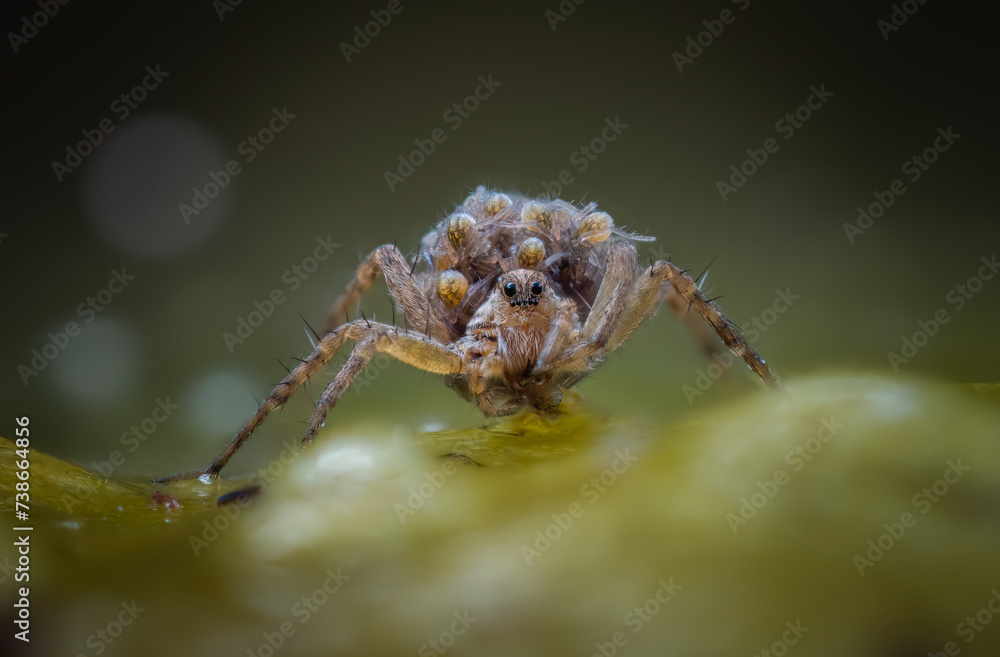 Fototapeta premium Wolf Spider (Pardosa amentata) with spiderlings on back.