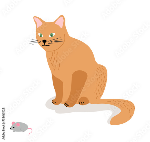 Ginger cat catching a mouse. Hunting instinct of Pets. Cat and Mouse. Flat style vector illustration.