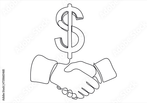 People shake hands against the background of the and money, illustration in the style of one line, minimalism, concept of friendship, contract and business relations, finance