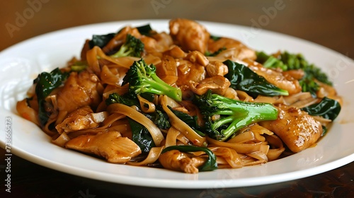 Thai pad see ew stir-fried noodles with soy sauce, Chinese broccoli, and chicken