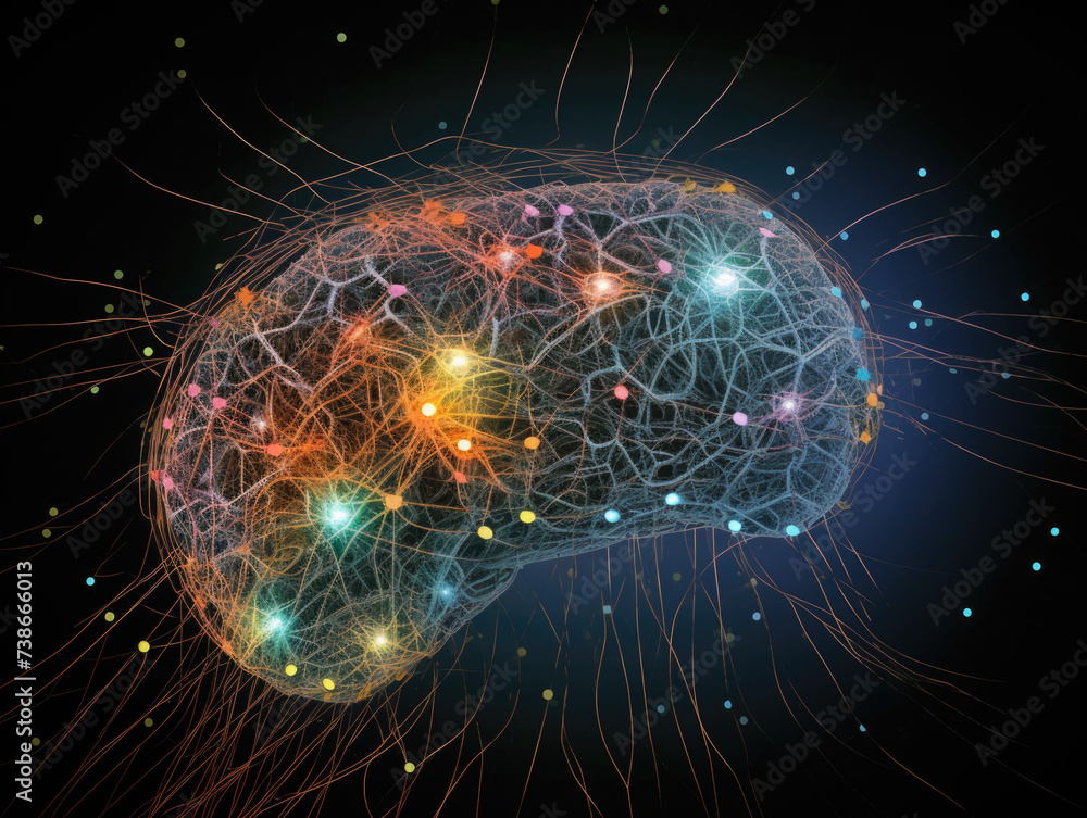 neural network around the brain, formation of neural connections and thoughts, artificial intelligence, IQ testing