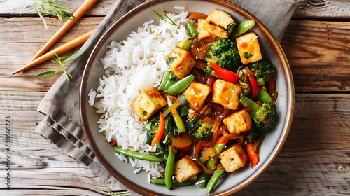 Thai pad pak stir-fried mixed vegetables with tofu in a garlic sauce, served with steamed jasmine rice photo
