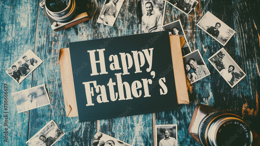 A contemporary poster with a collage of black-and-white family photographs surrounding the phrase "Happy Father's Day" in bold, modern font. - obrazy, fototapety, plakaty 