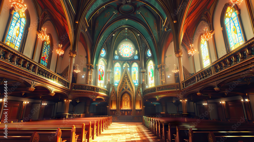 Sacred Cathedral: Catholic Church. Cathedral Interior with Stained Glass Windows and Spiritual Atmosphere. Devotional Vibes at Historic Cathedral. Church Scene during Worship Service