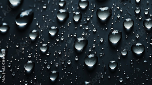 Closeup of water drops sliding on wet surface. Dark black background. Generative AI