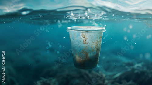 Plastic cup floating underwater in the ocean sea.