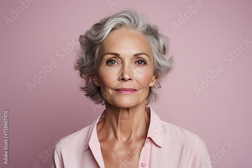 Portrait of a beautiful senior woman with grey hair on a pink background