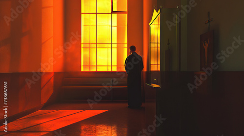 Confession Reflection: Catholic Church. Individual in Confessional Booth with Priest. Penitent Vibes during Confession. Personal Scene during Reconciliation