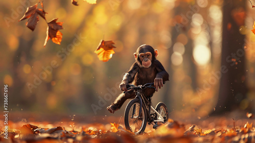 Playful chimp riding a bike in autumn light.