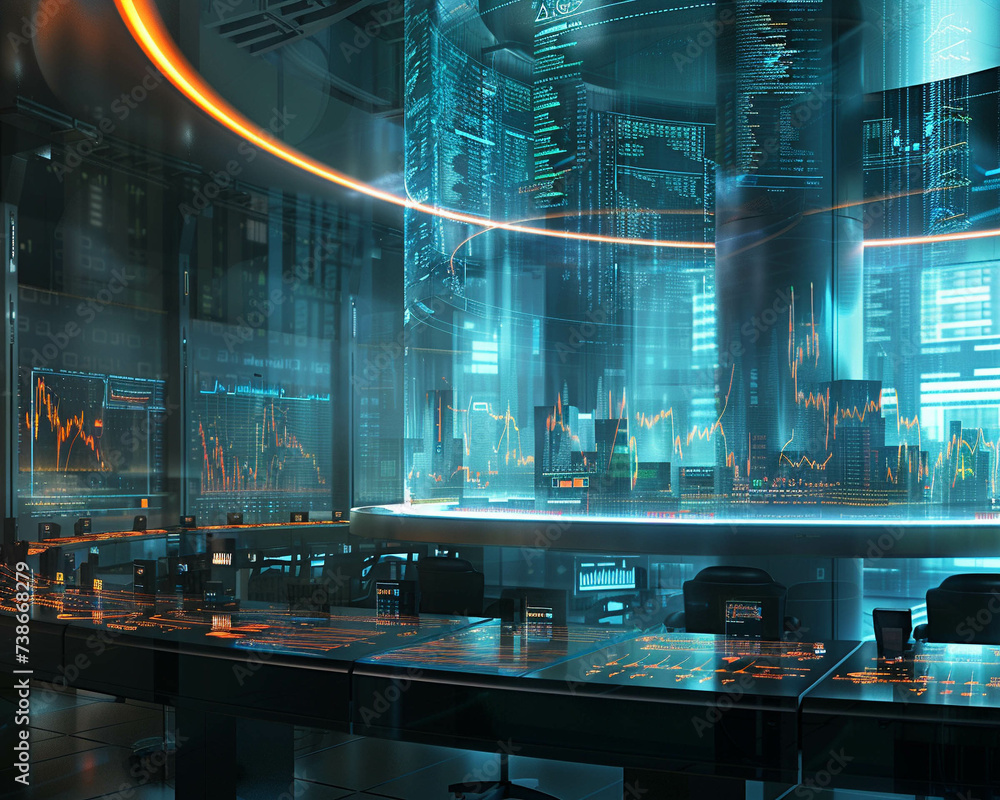 Futuristic financial lab with floating holographic displays showing ...
