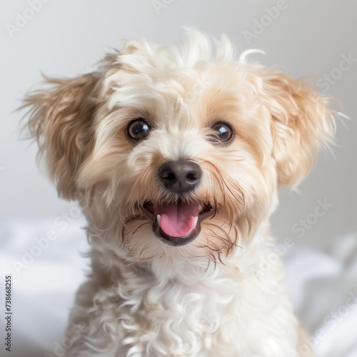 Happy Maltipoo dog on white background