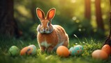 Easter bunny and easter eggs on green grass with blurred green background in forest. Easter greeting card with copy space for text.