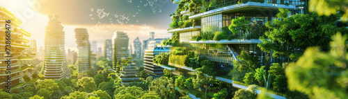 Eco friendly cityscape demonstrating architectural innovation with green roofs solar energy infrastructure and ecological living systems photo