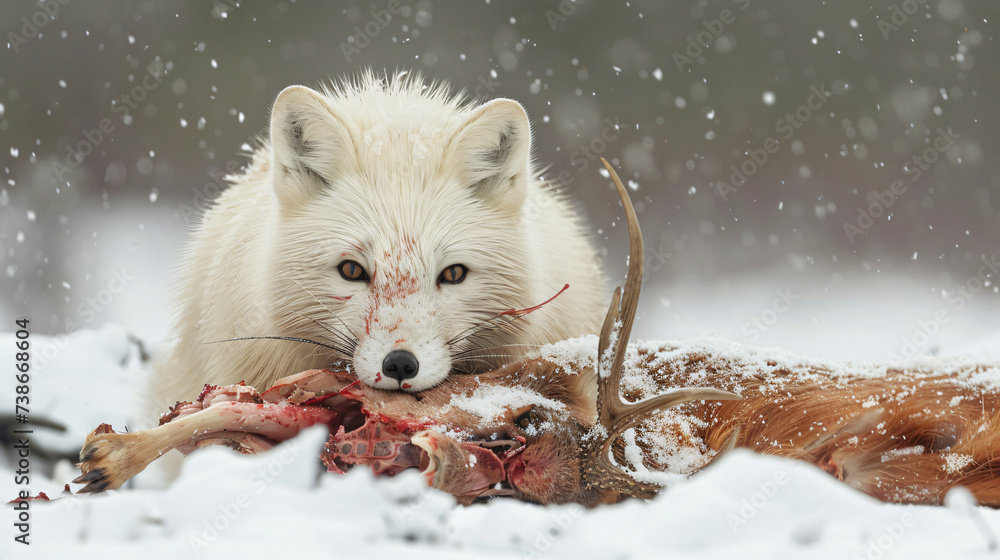 Polar fox with deer carcass in snow habitat, winter.