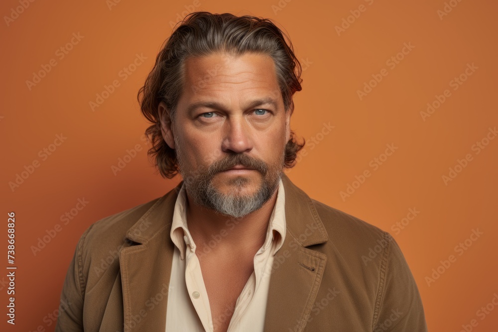 Portrait of handsome mature man with beard and mustache looking at camera isolated over orange background Portrait of handsome mature man with beard and mustache looking at camera isolated over orange background