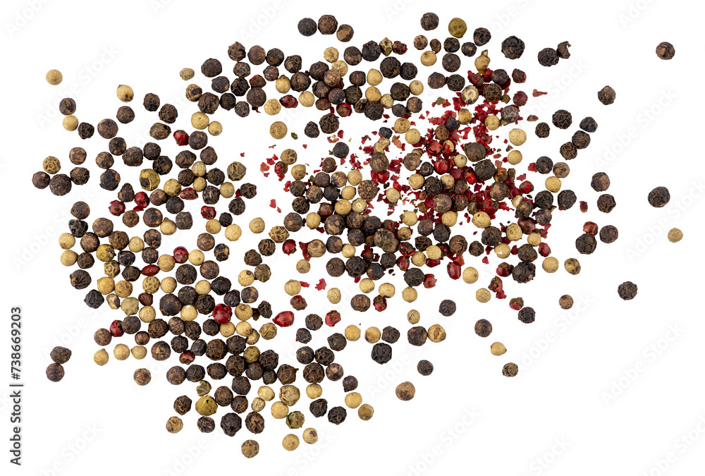 Black, Green, White, and Pink pepper seeds, pile of aromatic peppercorn spice, dried cooking spicy ingredients, graphic element isolated on a transparent background Black, Green, White, and Pink pepper seeds, pile of aromatic peppercorn spice, dried cooking spicy ingredients, graphic element isolated on a transparent background