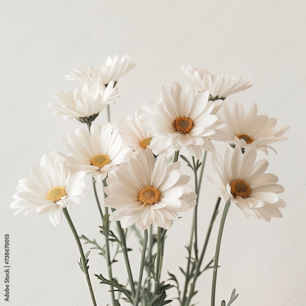 Obraz premium An ethereal composition featuring a cluster of pristine white daisies, their petals radiating pure beauty against a clean white background