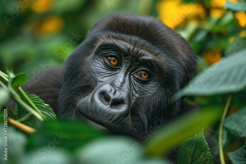 Mountain gorilla among green tropical plants. © Ala