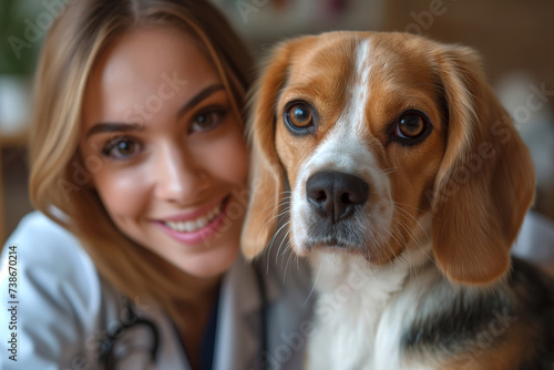 Smiling young veterinarian sitting with beagle dog