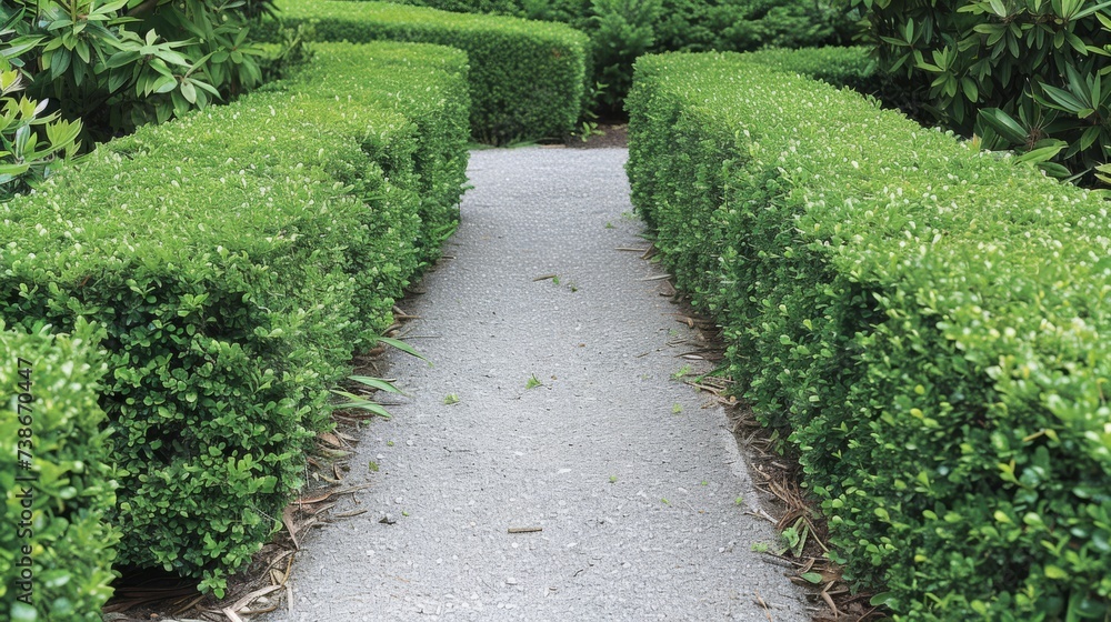 Tranquil Garden Path with Neatly Trimmed Hedges AI Generated.