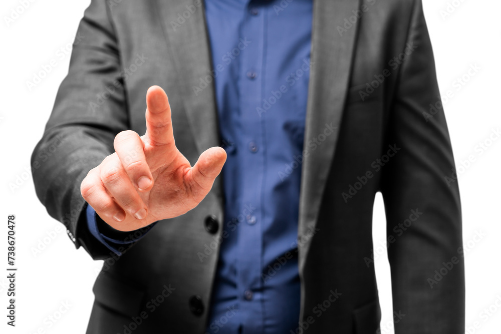Close up of a man's hand touching an invisible screen, suit and blue shirt. Interaction concept Close up of a man's hand touching an invisible screen, suit and blue shirt. Interaction concept