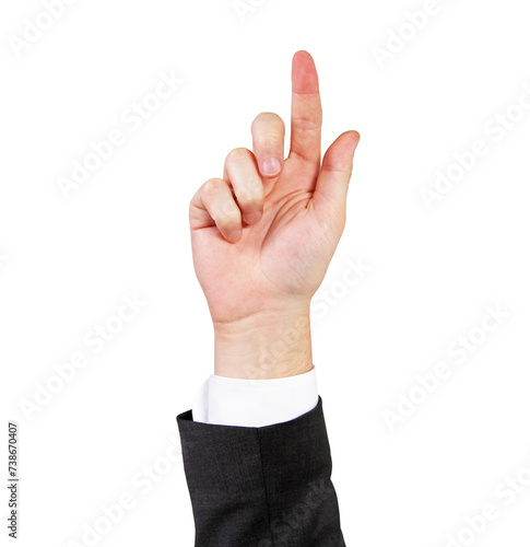 Businessman's hand pointing up, white shirt and suit sleeve on a white background. Direction concept