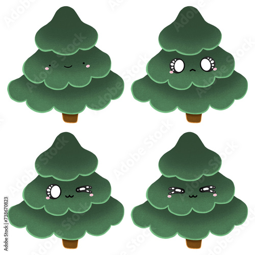 Cute Tree Pine Mascot Character Kawaii Cartoon illustration Happy Tree Pine Smiley Tree Pine Tree Pine Happy Face Kawaii Tree Pine Set Collection