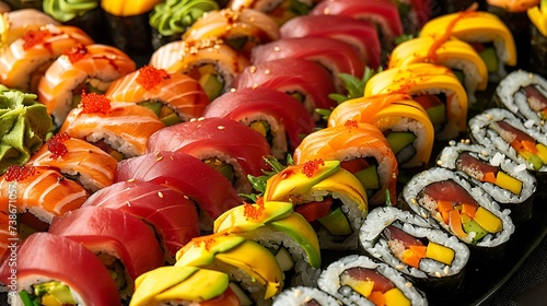 A vibrant platter of sushi rolls, including a fusion creation of spicy tuna with avocado and mango