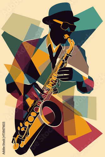 Afro-American male jazz musician saxophonist playing a saxophone in an abstract cubist style painting for a poster or flyer, stock illustration image