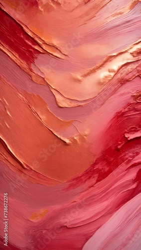 Closeup of abstract vertical painting. Red burgundy, peach pink color texture background. Visible oil, acrylic brushstroke, pallet knife paint on canvas. Contemporary art painting.