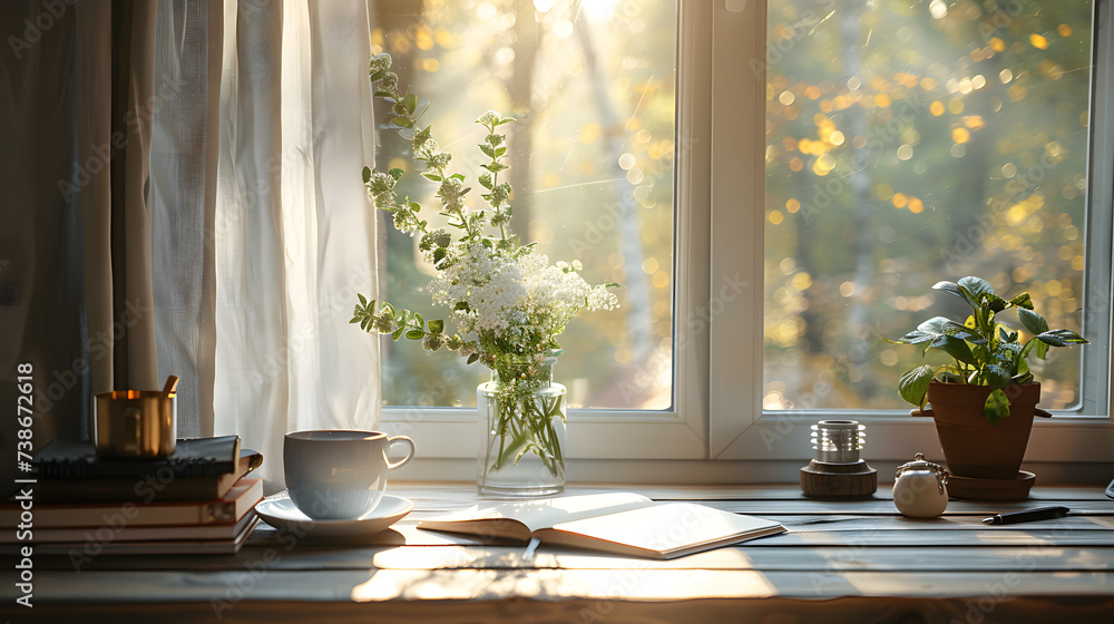 Begin your day with inspiration in this well-lit home office. Sunlight pours in through large windows, casting a warm glow on an open notebook and a steaming cup of coffee. Begin your day with inspiration in this well-lit home office. Sunlight pours in through large windows, casting a warm glow on an open notebook and a steaming cup of coffee.