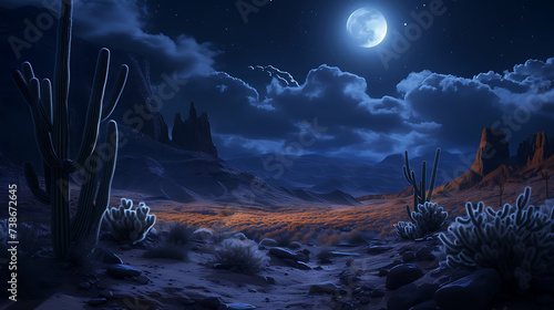 Surreal desert landscape with luminescent cacti casting an eerie glow under the alien moonlight