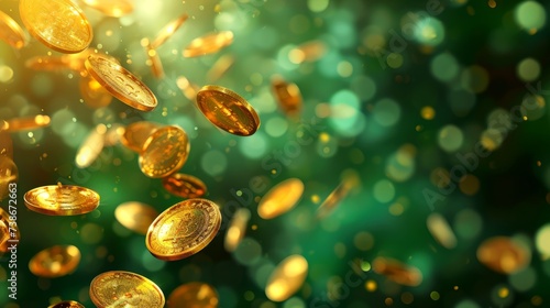shiny golden coins are dropping from the top to abstract green background