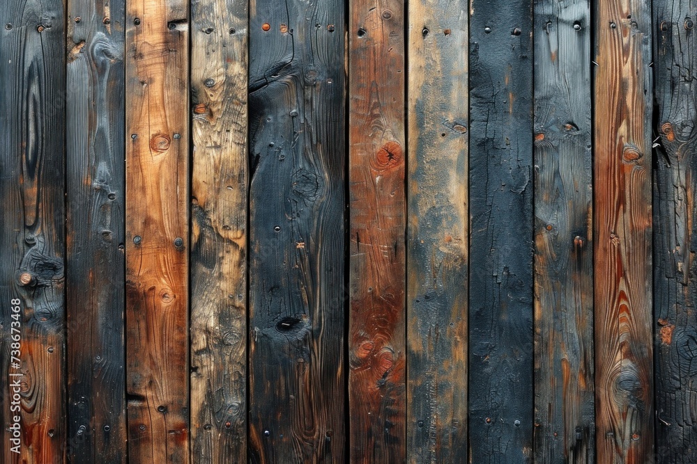 Fototapeta premium The weathered wooden planks, variety of deep, natural textures and patterns, emphasizing the beauty of aged wood as a wall covering. Texture, background, wallpaper.