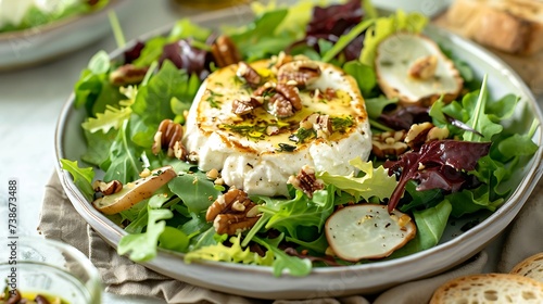 French salade de chevre chaud warm goat cheese salad with mixed greens, walnuts, and vinaigrette photo