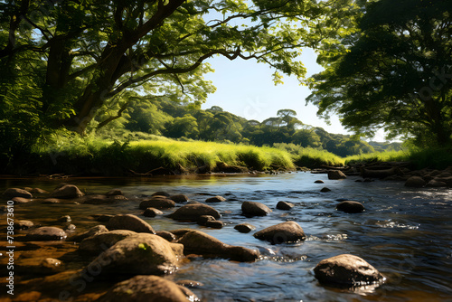 River flowing through a forest in the English Lake District on a sunny day