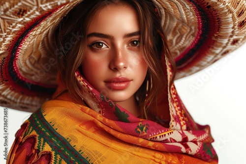 Beautiful young mexican woman wearing sombrero and poncho on white background
