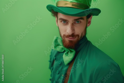 St. Patrick's Day. Handsome man in green leprechaun elf costume © Alina
